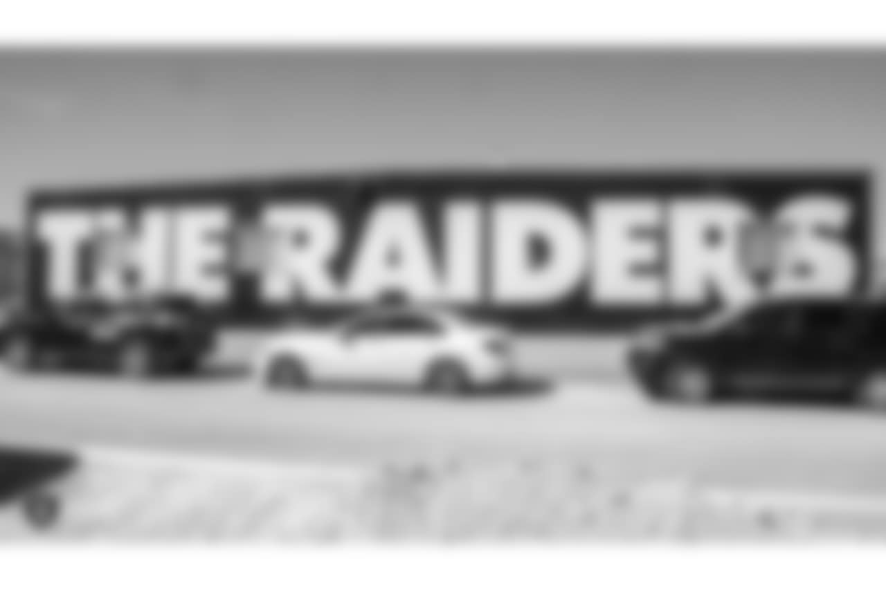 Raiders owner Mark Davis, president Marc Badain, and staff members from the Raiders front office spend the day with construction workers of the Las Vegas Stadium worksite by handing out lunches and sharing a meal, Thursday, September 27, 2018, at the Las Vegas Stadium worksite in Las Vegas, Nevada.