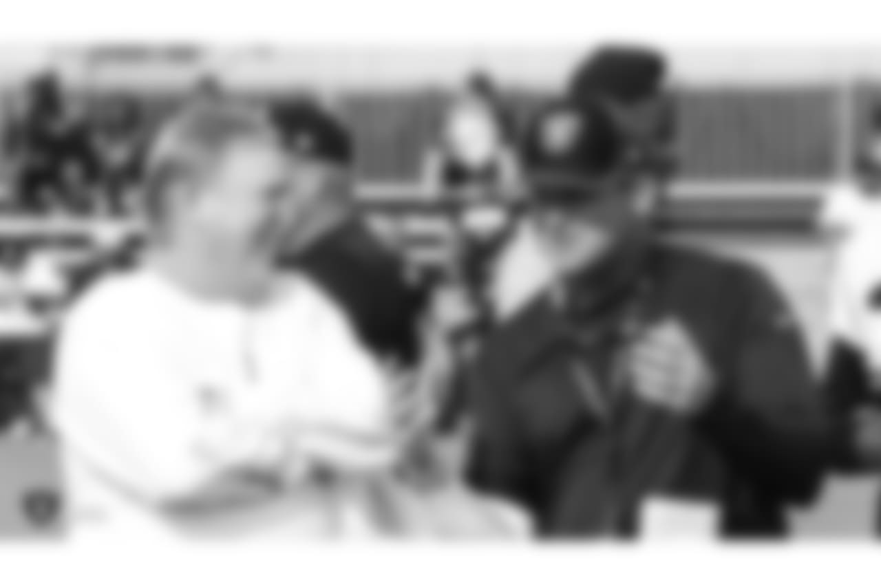 Oakland Raiders owner Mark Davis and head coach Jon Gruden on the field for practice at 2018 Training Camp at The Oakland Raiders Napa Valley Training Complex, Friday, August 3, 2018, in Napa, California.