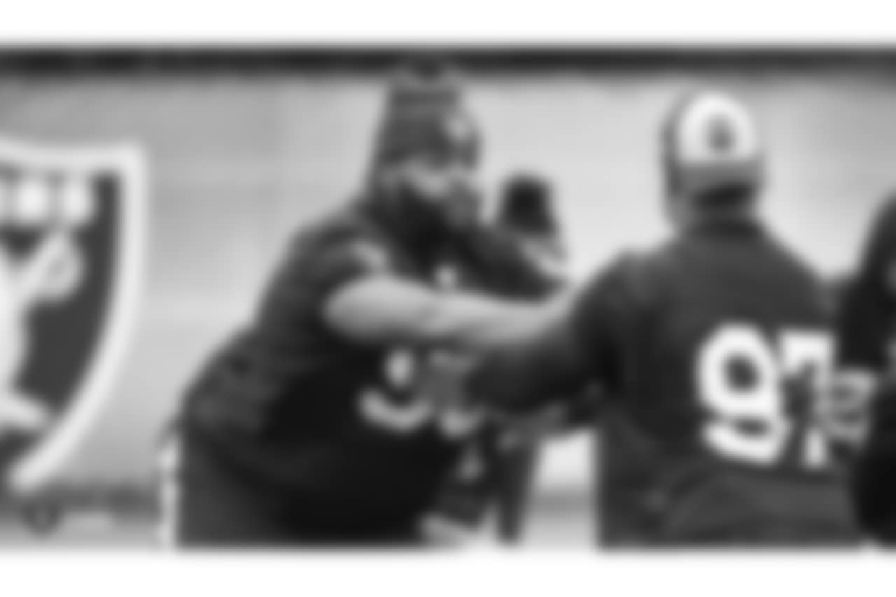 Oakland Raiders defensive tackle Johnathan Hankins (90) on the field for practice at the Oakland Raiders Practice Facility, Friday, November 23, 2018, in Alameda, California.