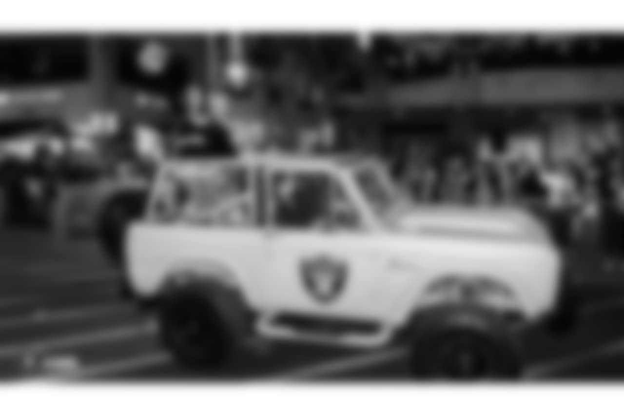The Raiderettes are featured in the annual Holidays/Santa's Arrival Parade as they proceed in convertible cars through Town Square, Friday, November 16, 2018, in Las Vegas, Nevada.