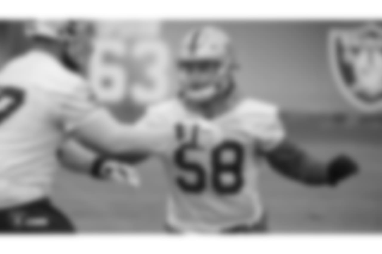 Oakland Raiders linebacker Kyle Wilber (58) on the field for practice at the Oakland Raiders Practice Facility, Friday, December 21, 2018, in Alameda, California.