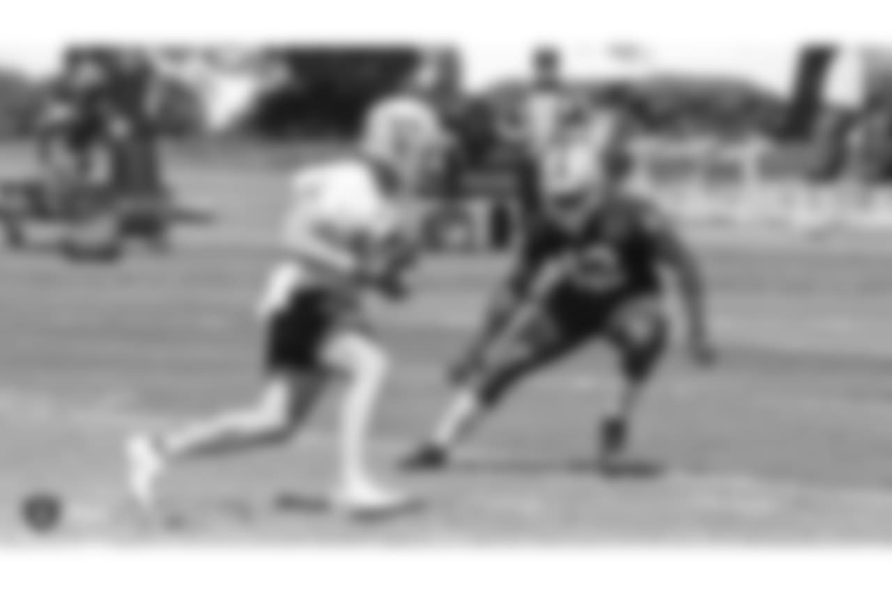 Oakland Raiders wide receiver Griff Whalen (13) and strong safety Karl Joseph (42) at a Mandatory Mini Camp at the Oakland Raiders Practice Facility, Tuesday, June 12, 2018, in Alameda, California.