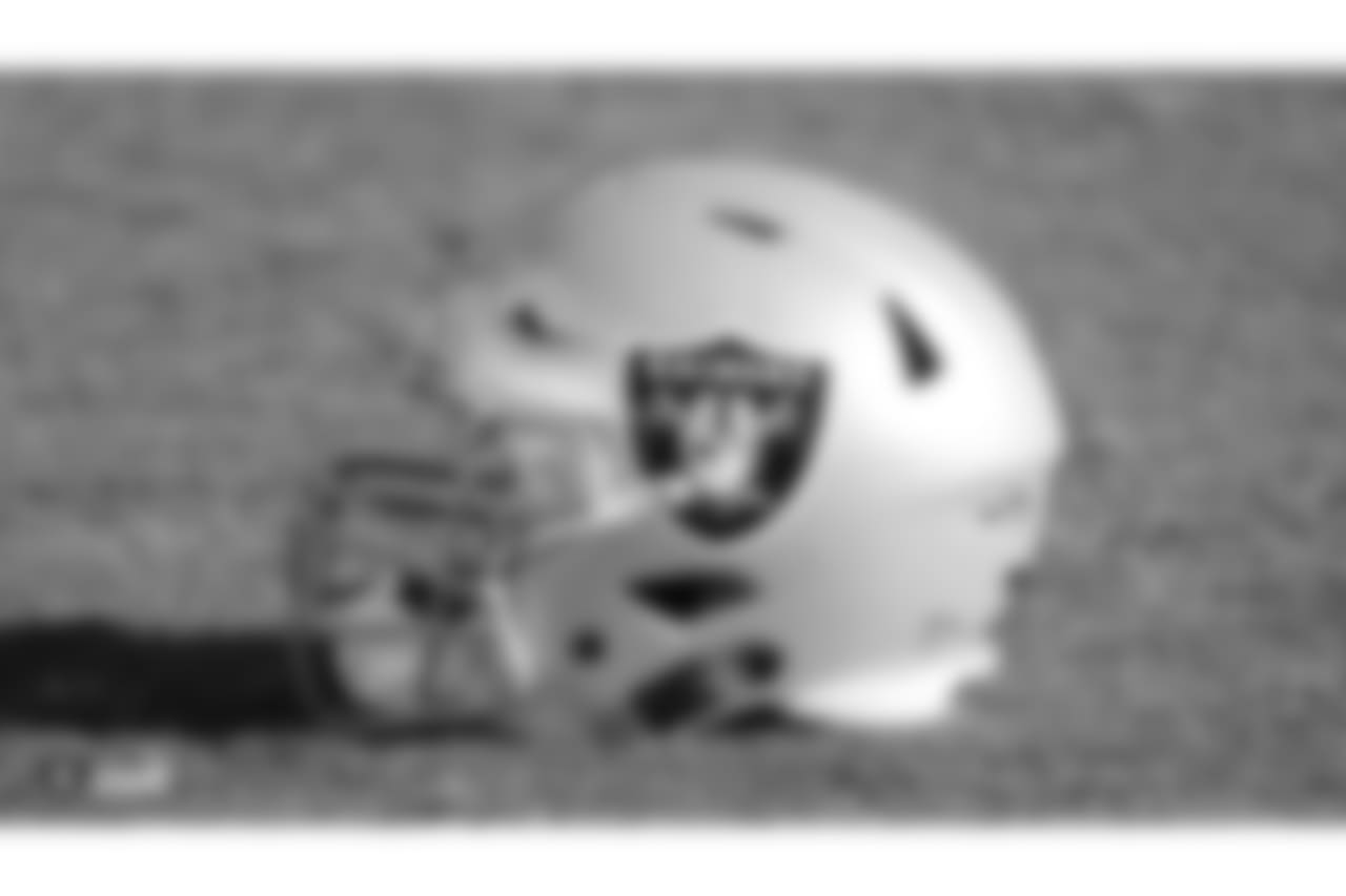 An Oakland Raiders helmet on the field for practice at the Oakland Raiders Practice Facility, Friday, December 28, 2018, in Alameda, California.
