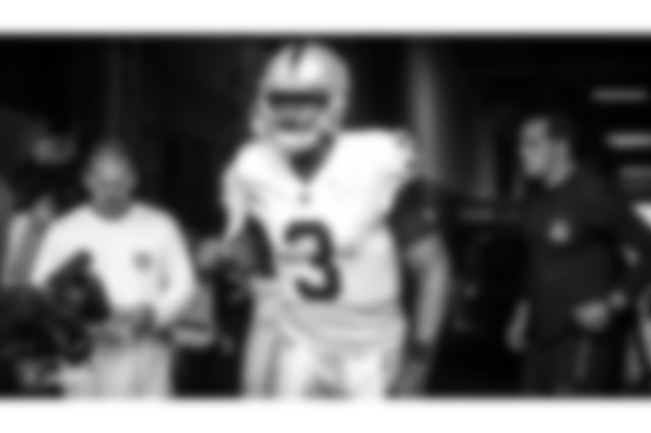 Oakland Raiders quarterback EJ Manuel (3) is introduced onto the field before The Oakland Raiders preseason game against the Seattle Seahawks at CenturyLink Field, Thursday, August 30, 2018, in Seattle, Washington. The Oakland Raiders won 30-19.