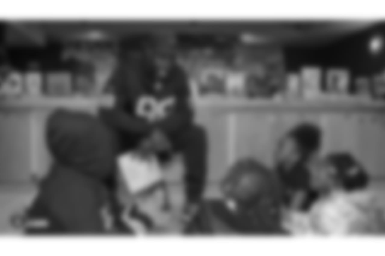 Oakland Raiders defensive tackle Clinton McDonald and his Light Into Darkness Foundation, along with linebacker Emmanuel Lamur, linebacker Kyle Wilber, punter Johnny Townsend, defensive tackle Frostee Rucker, and fullback Ryan Yurachek, partner with the nonprofit First Book by hosting a reading party to promote literacy at the West Oakland Youth Center, Tuesday, December 11, 2018, in Oakland, California.