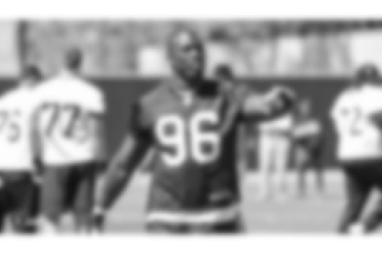 Oakland Raiders defensive lineman Tank Carradine (96) at an Organized Team Activity (OTA) at the Oakland Raiders Practice Facility, Monday, June 4, 2018, in Alameda, California.