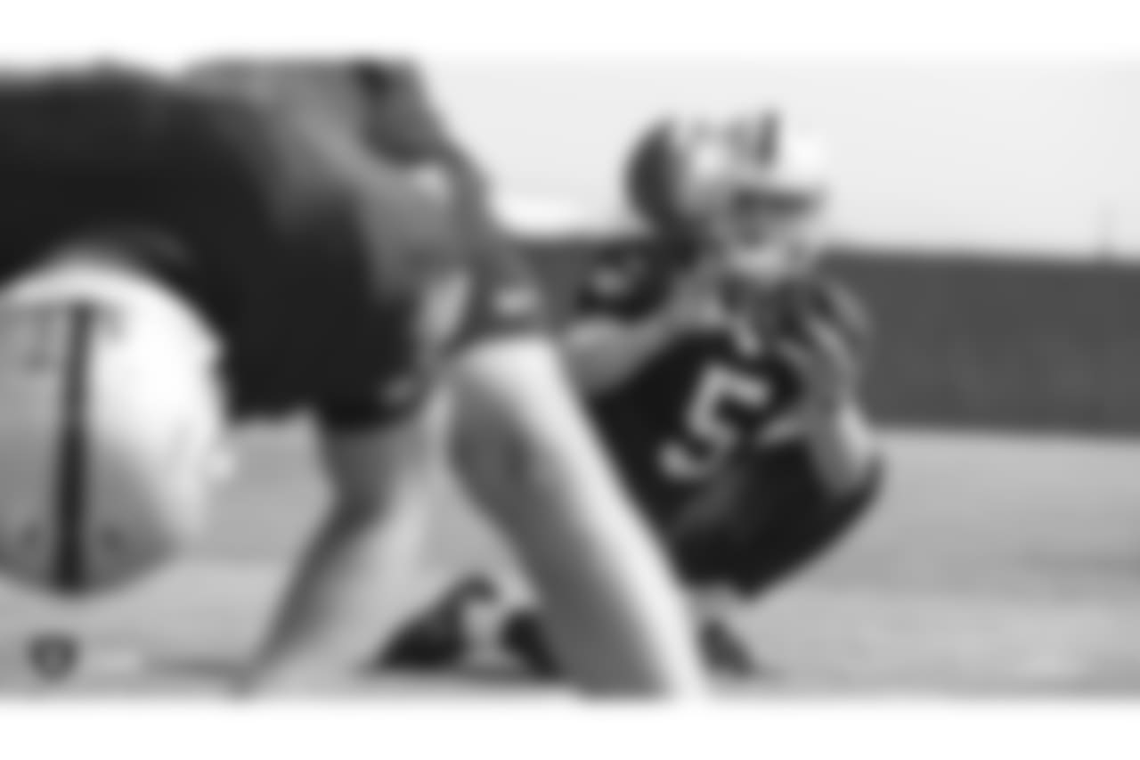 Oakland Raiders punter Johnny Townsend (5) on the field for practice at the Oakland Raiders Practice Facility, Monday, October 9, 2018, in Alameda, California.
