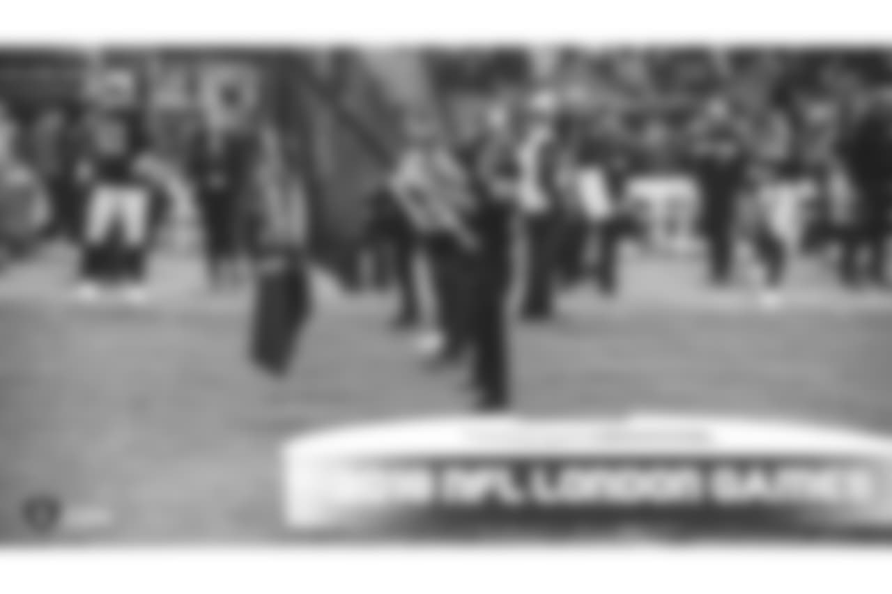 The Raiders flag is displayed on the field during the national anthem before the Oakland Raiders regular season game against the Seattle Seahawks at Wembley Stadium, Sunday, October 14, 2018, in London, England The Oakland Raiders lost 27-3.