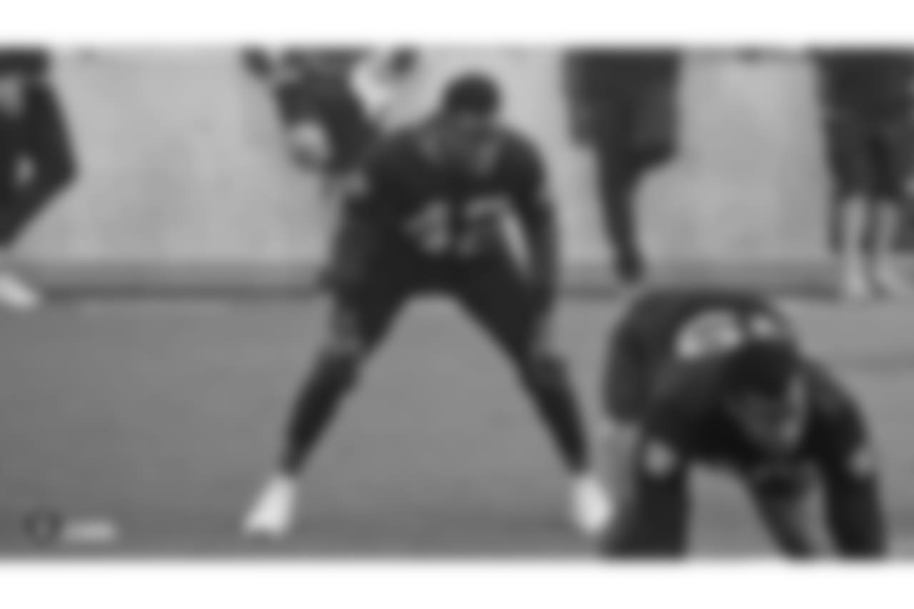 Oakland Raiders strong safety Karl Joseph (42) on the field for a walk through at Bladium Sports & Fitness, Friday, November 16, 2018, in Alameda, California.