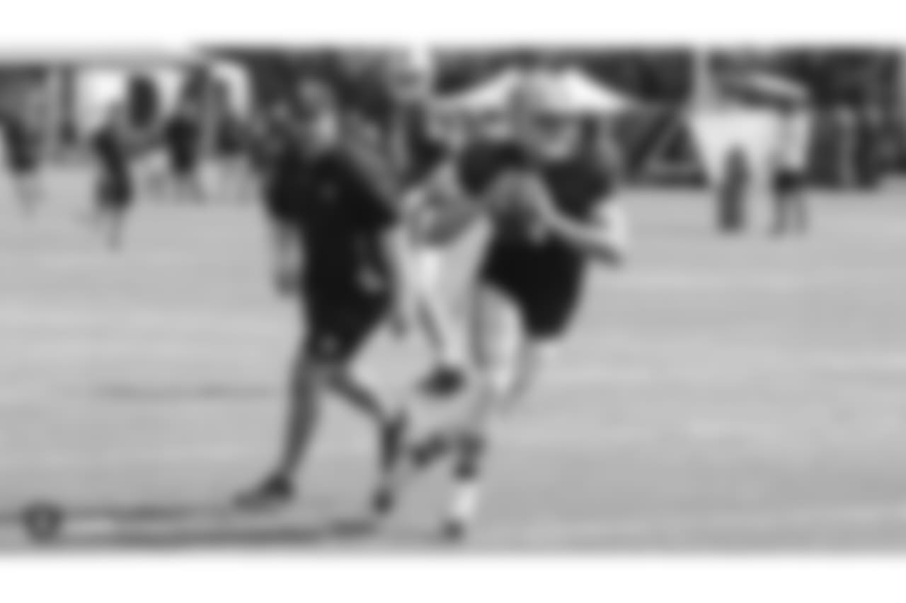 Oakland Raiders quarterback Derek Carr (4) on the field for practice at 2018 Training Camp at The Oakland Raiders Napa Valley Training Complex, Monday, August 6, 2018, in Napa, California.