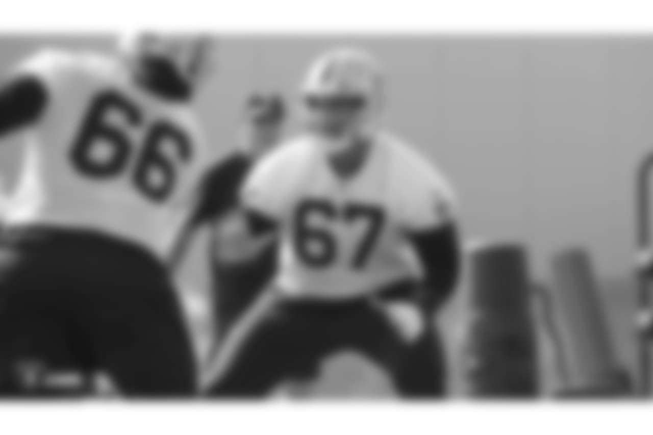 Oakland Raiders offensive lineman Ian Silberman (67) on the field for practice at The Oakland Raiders Practice Facility, Thursday, October 4, 2018, in Alameda, California.