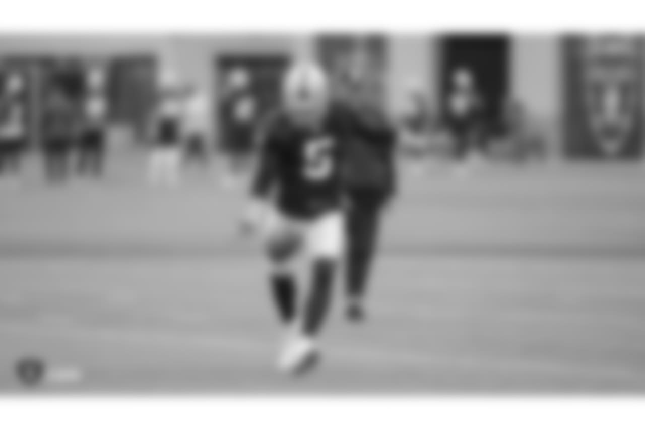 Oakland Raiders punter Johnny Townsend (5) on the field for practice at the Oakland Raiders Practice Facility, Wednesday, December 5, 2018, in Alameda, California.