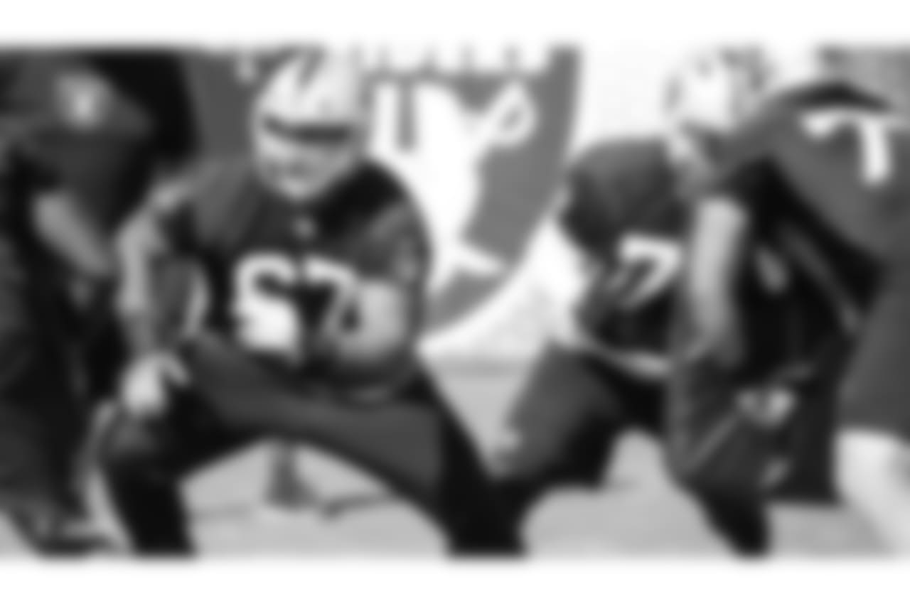 Oakland Raiders offensive lineman Ian Silberman (67) on the field for practice at the Oakland Raiders Practice Facility, Thursday, October 25, 2018, in Alameda, California.