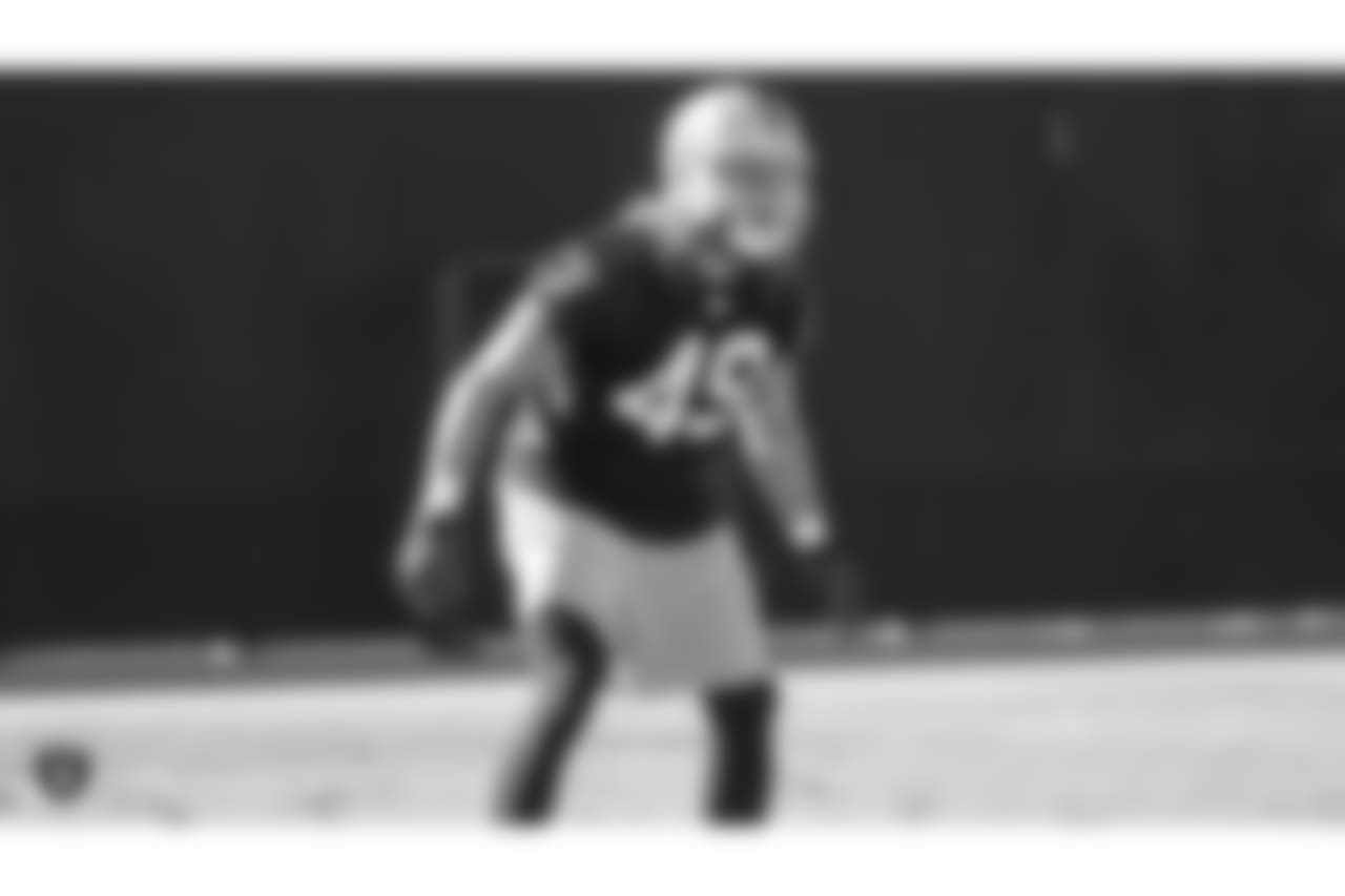 Oakland Raiders linebacker James Cowser (49) on the field for practice at the Oakland Raiders Practice Facility, Friday, December 28, 2018, in Alameda, California.