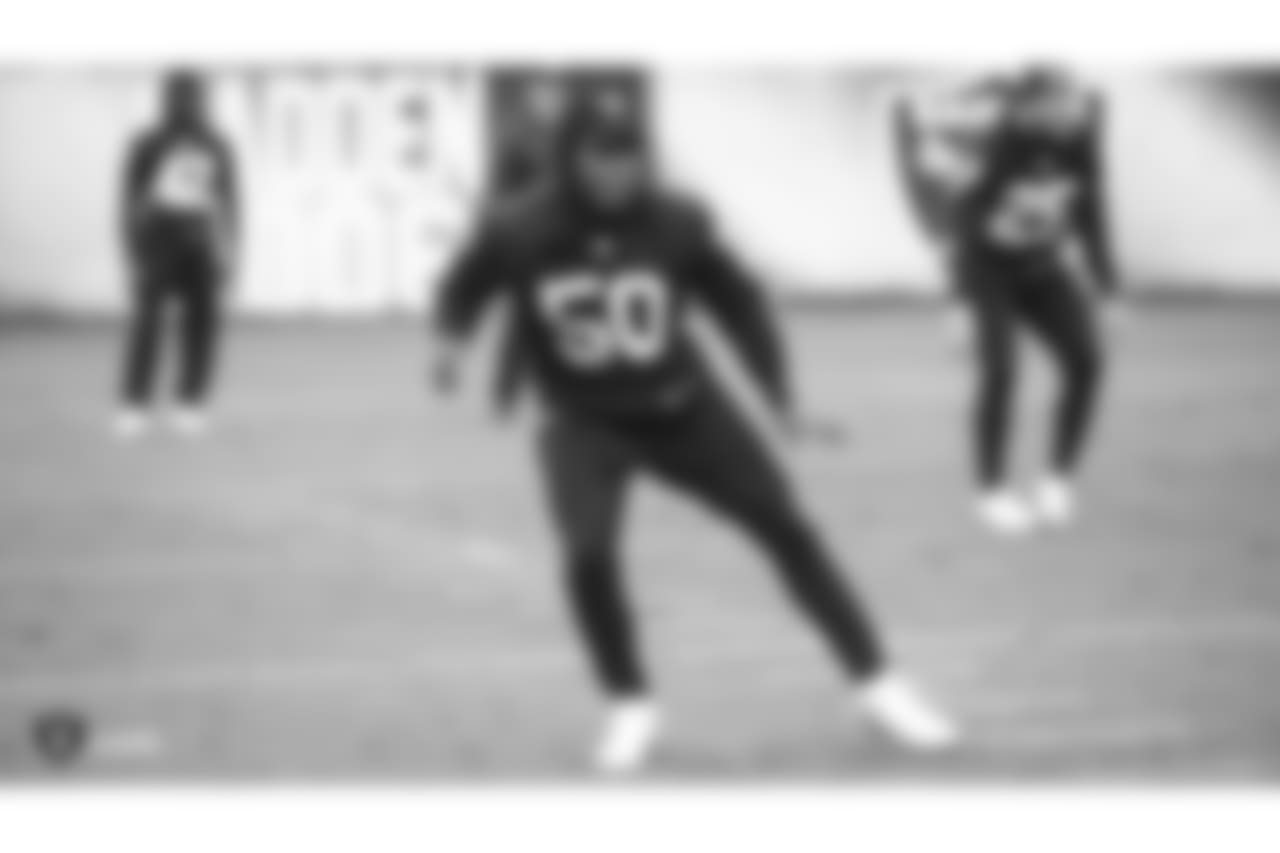 Oakland Raiders linebacker Nicholas Morrow (50) on the field for practice at the Oakland Raiders Practice Facility, Friday, November 23, 2018, in Alameda, California.