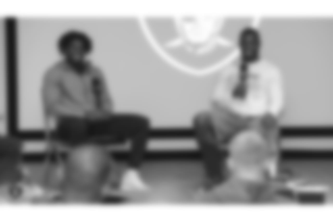 Oakland Raiders rookies listen to speakers Shilique Calhoun and Nicholas Morrow, Oakland Raiders linebackers, as part of Rookie Academy, at the Oakland Raiders Practice Facility, Monday, June 18, 2018, in Alameda, California.