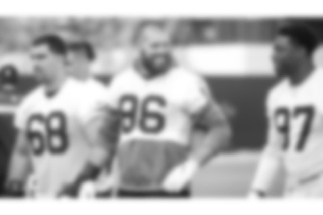 Oakland Raiders tackle Breno Giacomini (68), tight end Lee Smith (86), and tight end Jared Cook (87) at an Organized Team Activity (OTA) at the Oakland Raiders Practice Facility, Wednesday, May 30, 2018, in Alameda, California.
