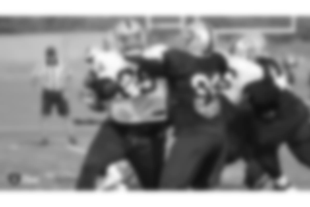Oakland Raiders tackle David Sharpe (68) on the field for practice at the Oakland Raiders Practice Facility, Wednesday, November 14, 2018, in Alameda, California.