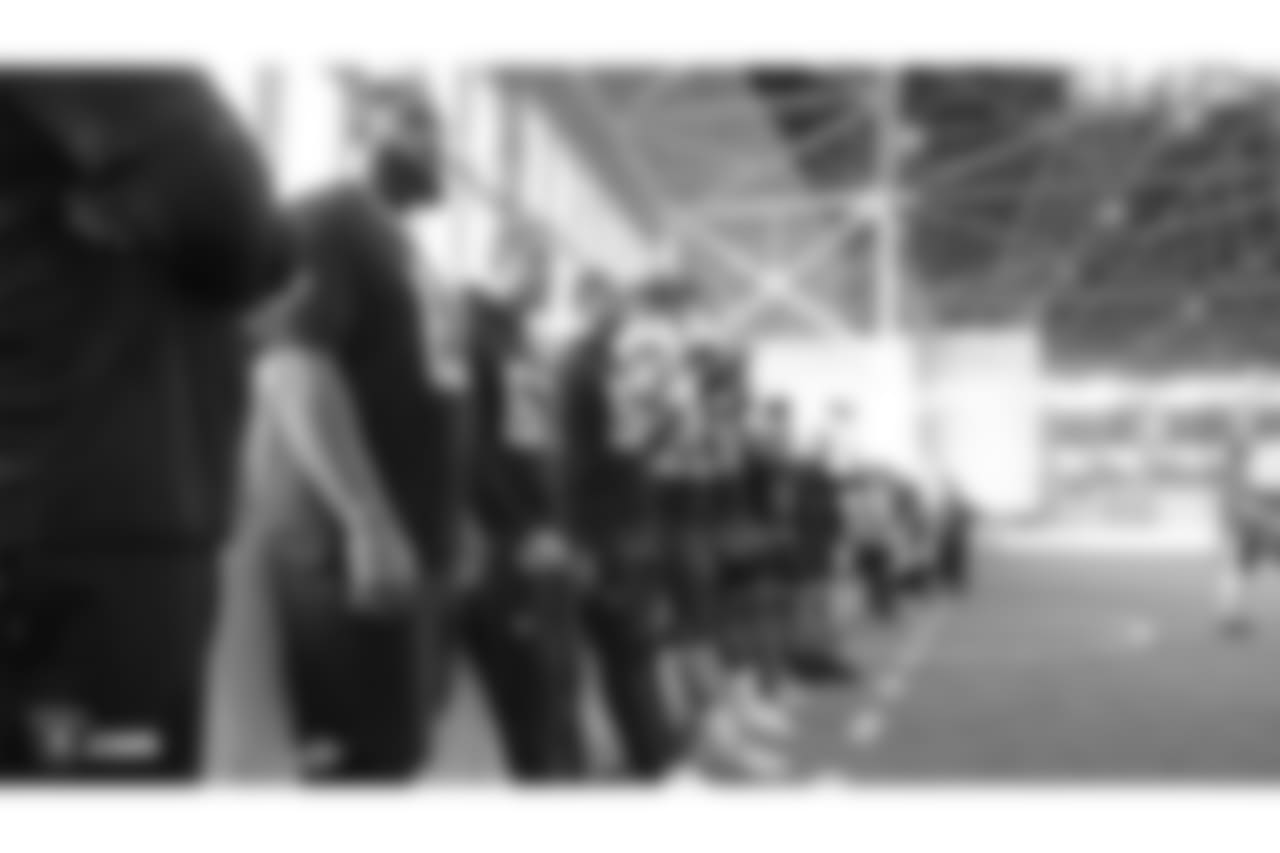 Oakland Raiders offensive linemen on the field for a walk through at Bladium Sports & Fitness Club, Thursday, November 29, 2018, in Alameda, California.