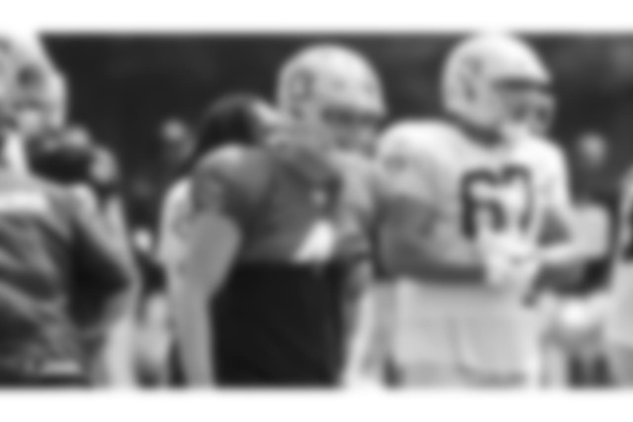 Oakland Raiders quarterback Derek Carr (4) on the field for practice at 2018 Training Camp at The Oakland Raiders Napa Valley Training Complex, Friday, August 3, 2018, in Napa, California.