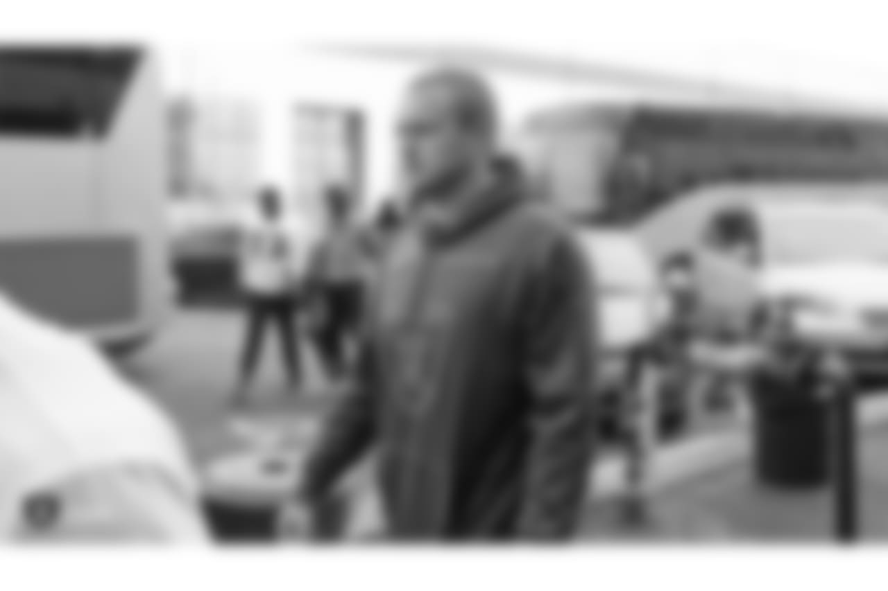 Oakland Raiders long snapper Trent Sieg (47) arrives to the field for a walk through at Bladium Sports & Fitness Club, Thursday, November 29, 2018, in Alameda, California.