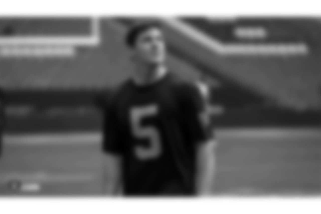 Oakland Raiders punter Johnny Townsend (5) on the field for a walk through before their game against the Seattle Seahawks, Saturday, October 13, 2018, in London, England.