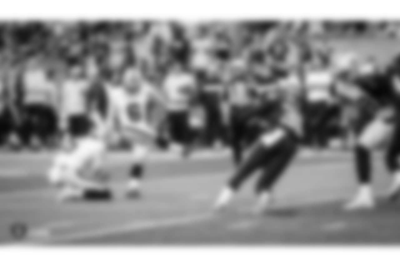 Oakland Raiders punter Johnny Townsend (5) and kicker Mike Nugent (6) during The Oakland Raiders preseason game against the Seattle Seahawks at CenturyLink Field, Thursday, August 30, 2018, in Seattle, Washington. The Oakland Raiders won 30-19.