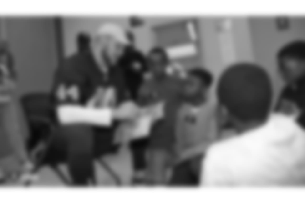 Oakland Raiders defensive tackle Clinton McDonald and his Light Into Darkness Foundation, along with linebacker Emmanuel Lamur, linebacker Kyle Wilber, punter Johnny Townsend, defensive tackle Frostee Rucker, and fullback Ryan Yurachek, partner with the nonprofit First Book by hosting a reading party to promote literacy at the West Oakland Youth Center, Tuesday, December 11, 2018, in Oakland, California.
