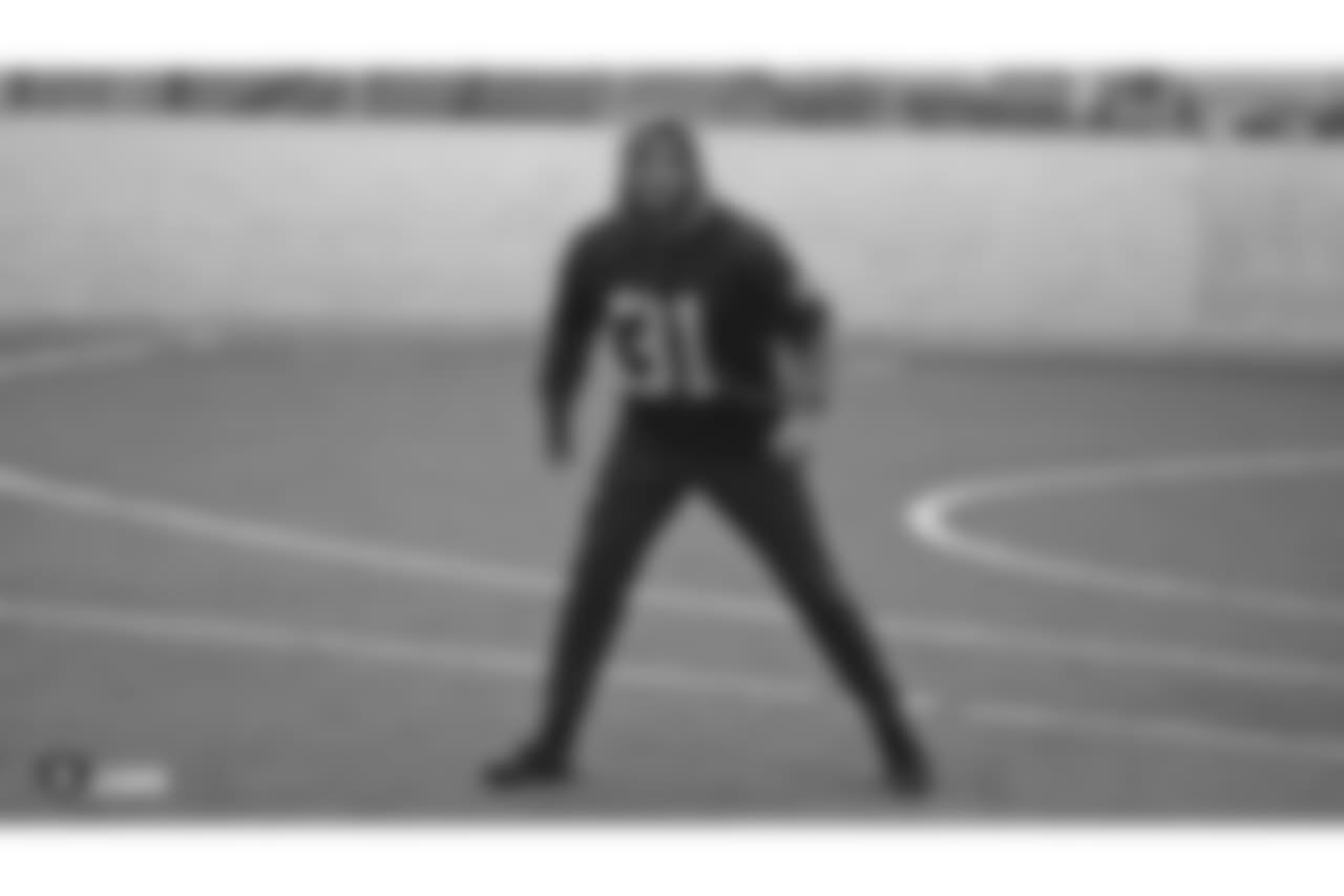 Oakland Raiders safety Marcus Gilchrist (31) on the field for a walk through at Bladium Sports & Fitness, Friday, November 16, 2018, in Alameda, California.