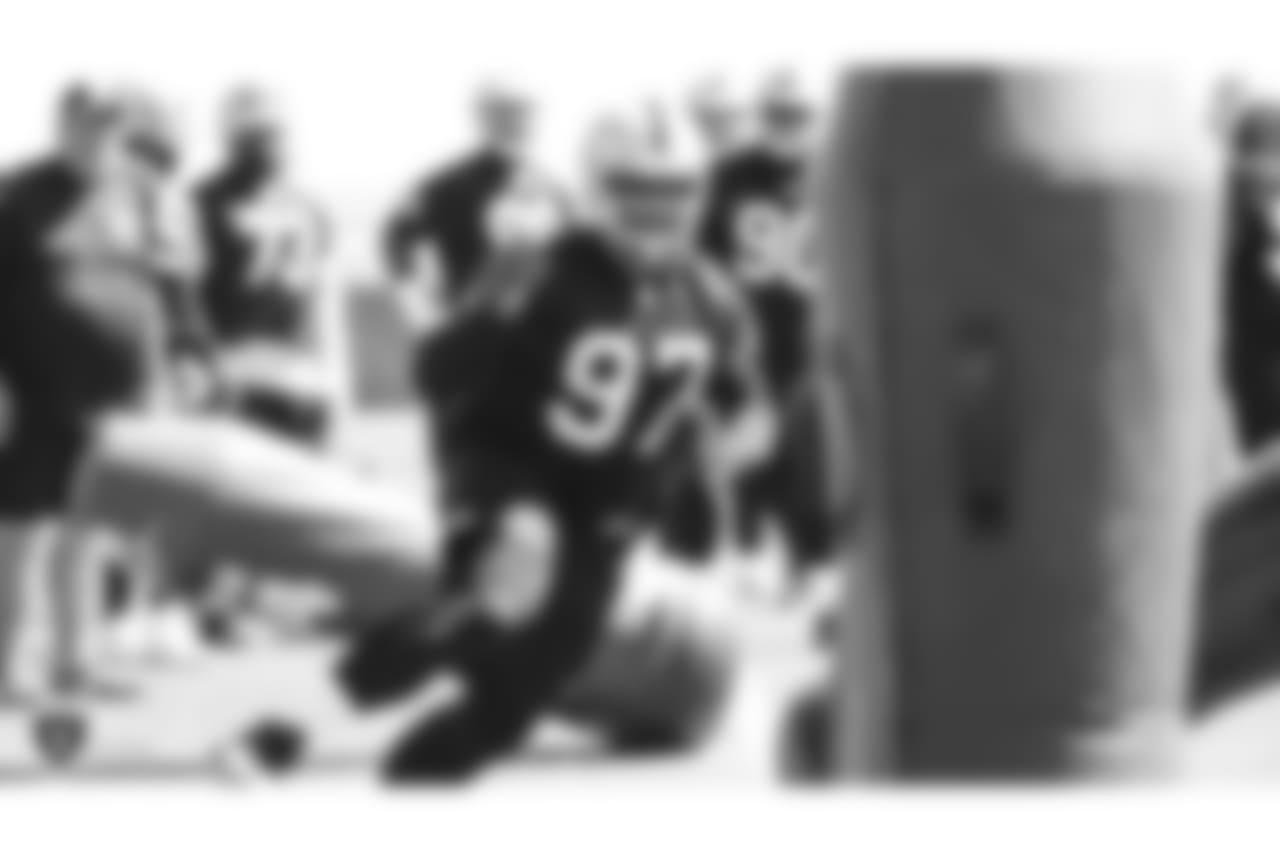 Oakland Raiders defensive tackle Clinton McDonald (97) on the field for practice at the Oakland Raiders Practice Facility, Thursday, September 13, 2018, in Alameda, California.