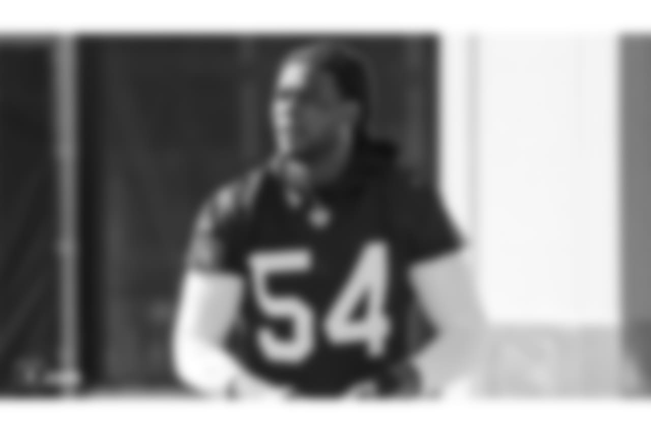 Oakland Raiders linebacker Emmanuel Lamur (54) on the field for practice at the Oakland Raiders Practice Facility, Tuesday, October 30, 2018, in Alameda, California.