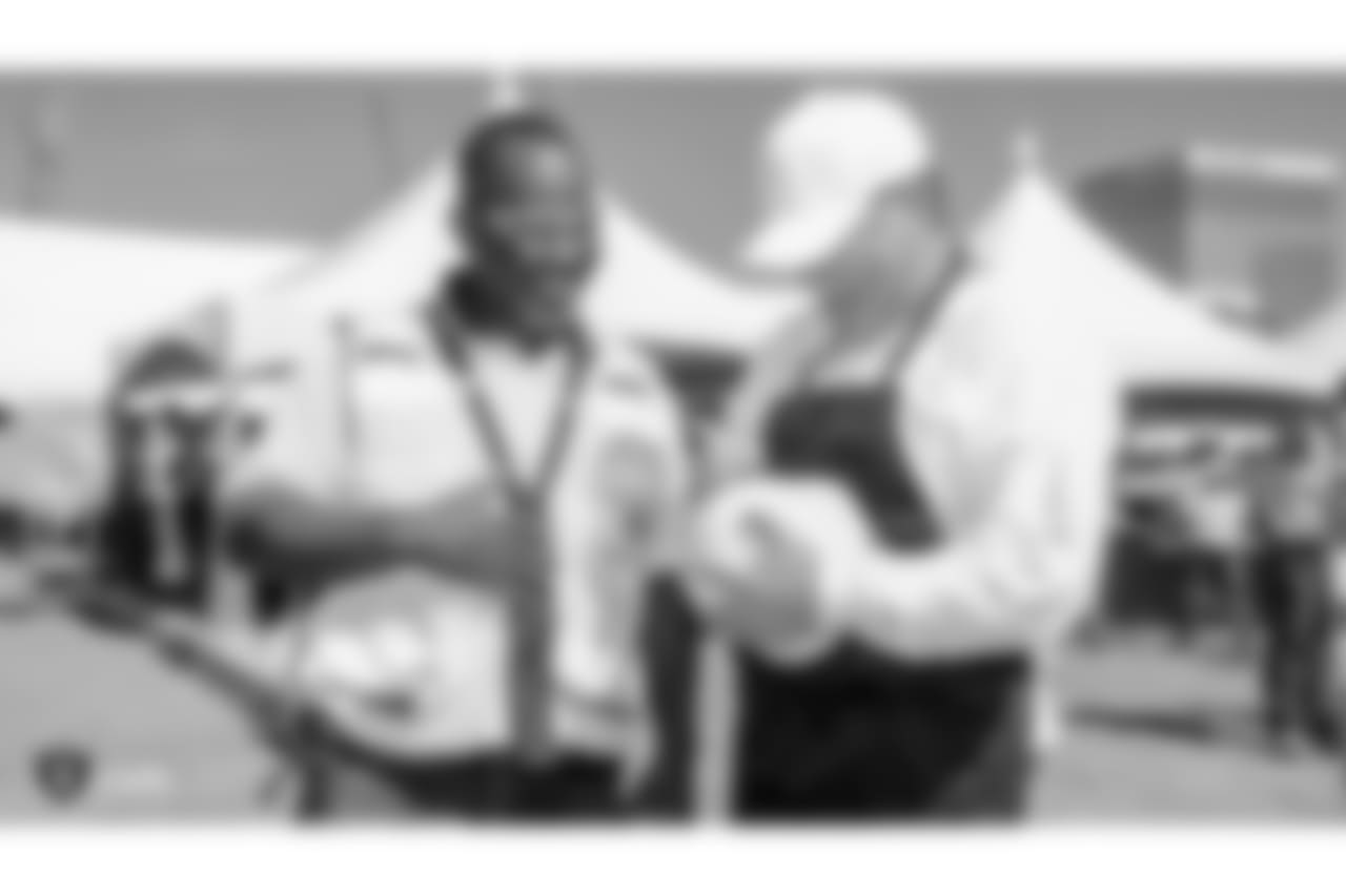 Raiders owner Mark Davis, president Marc Badain, and staff members from the Raiders front office spend the day with construction workers of the Las Vegas Stadium worksite by handing out lunches and sharing a meal, Thursday, September 27, 2018, at the Las Vegas Stadium worksite in Las Vegas, Nevada.