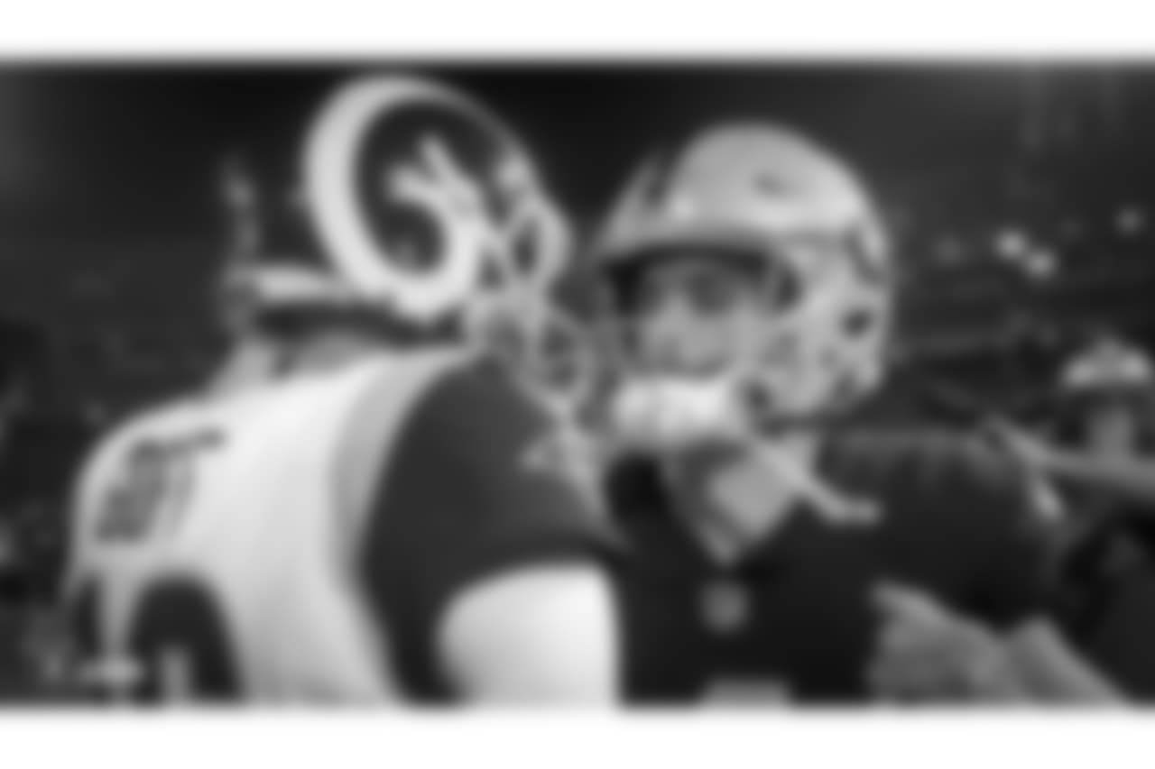 Oakland Raiders quarterback Derek Carr (4) congratulates Jared Goff during the Oakland Raiders season game against the Los Angelas Rams at Oakland-Alameda County Coliseum, Monday, September 10, 2018, in Oakland, California. The Oakland Raiders lost 33-13.