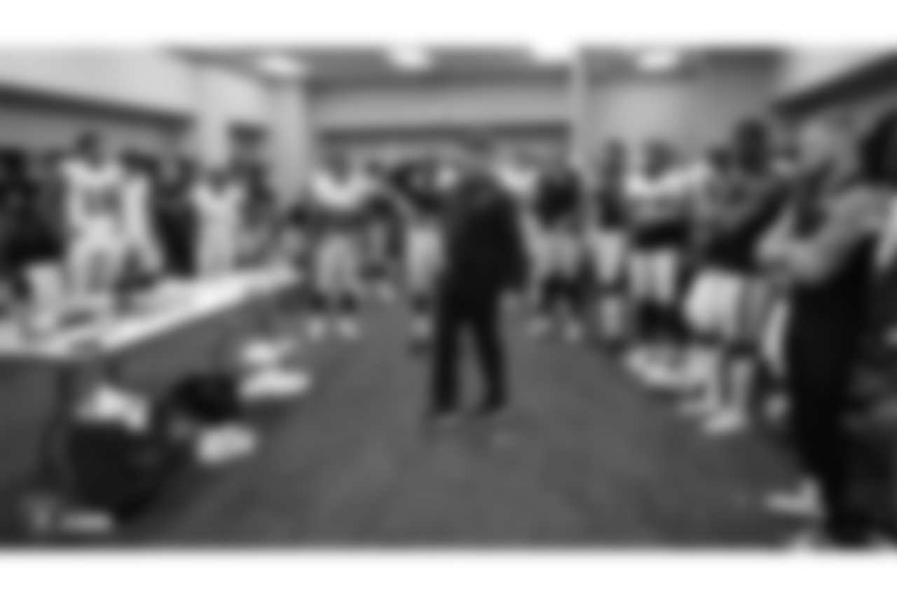 Oakland Raiders Head Coach Jon Gruden addresses his players after the Oakland Raiders regular season game against the Indianapolis Colts.