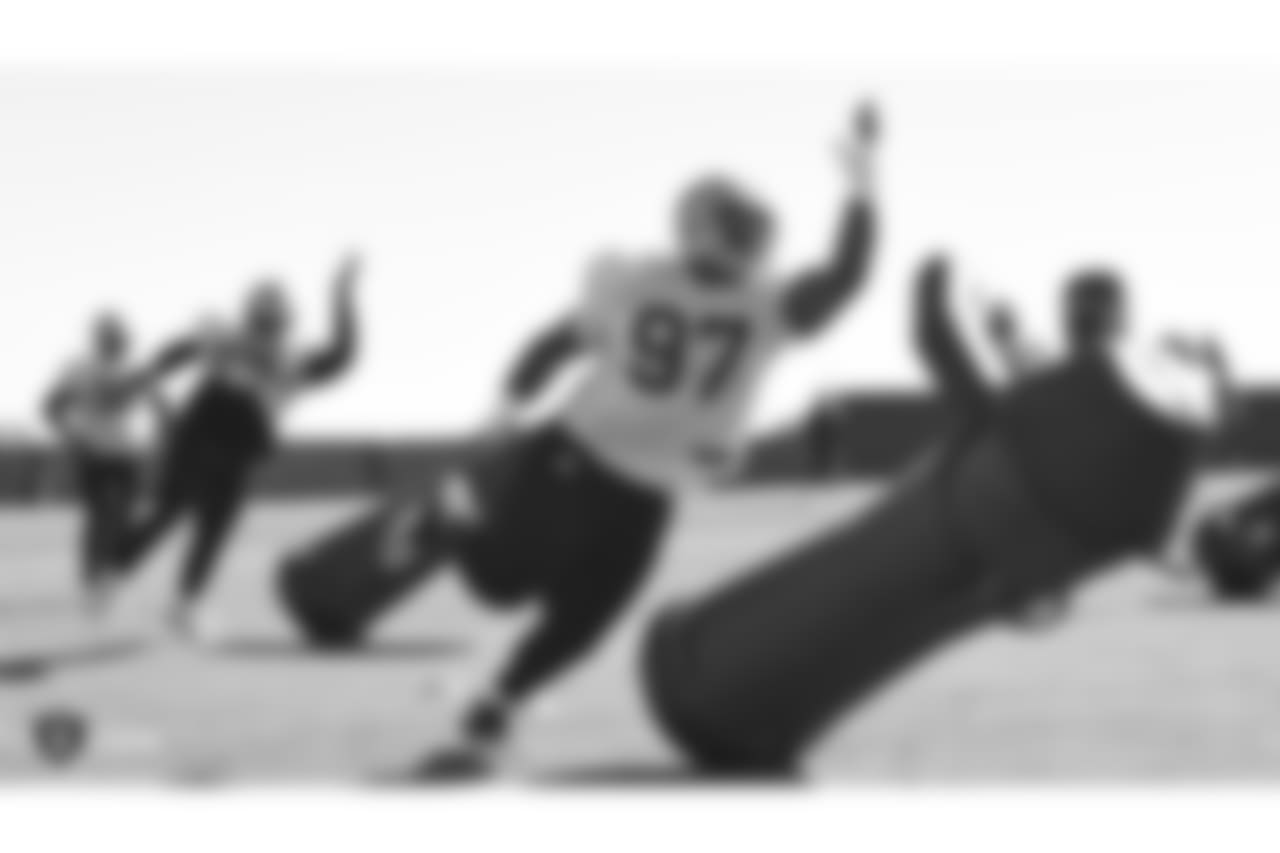 Oakland Raiders defensive tackle Clinton McDonald (97) on the field for practice at The Oakland Raiders Practice Facility, Wednesday, October 24, 2018, in Alameda, California.