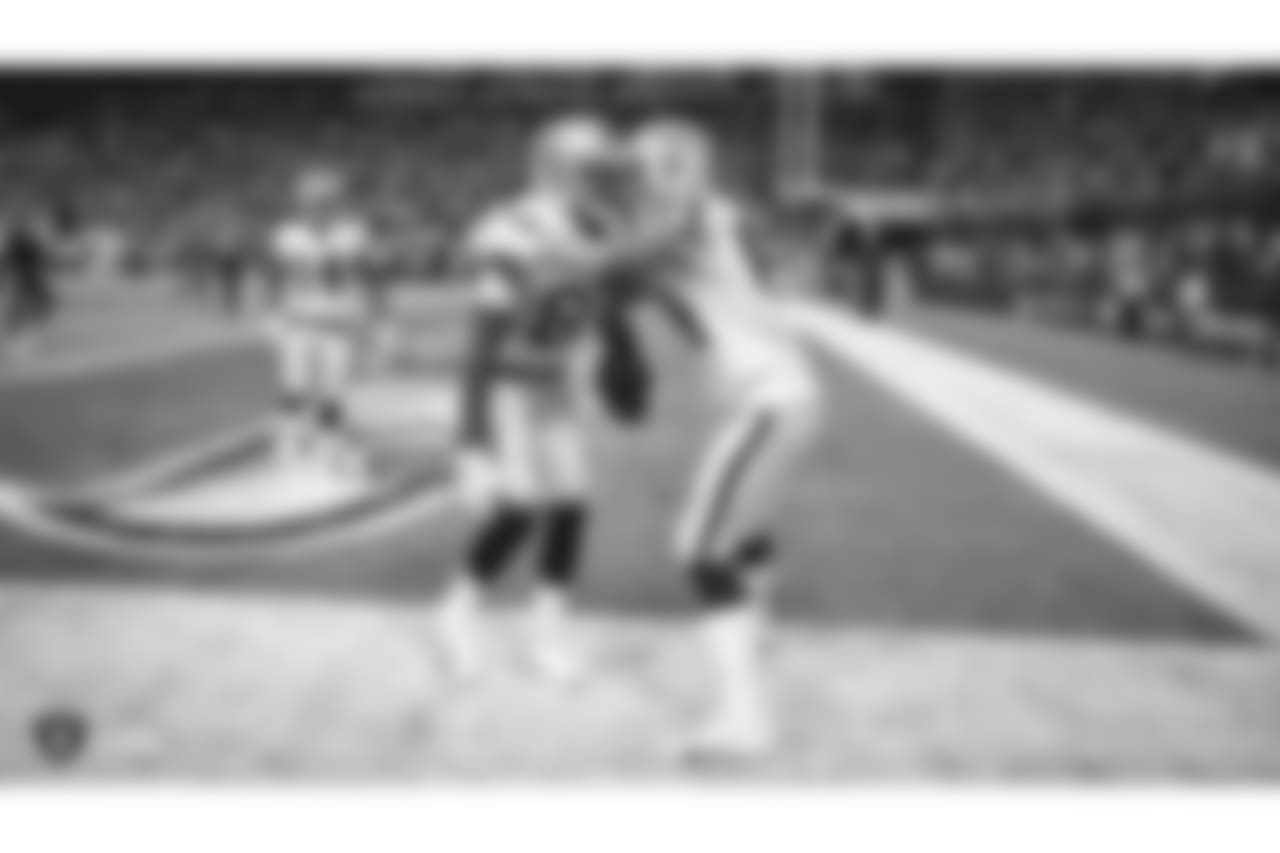 Oakland Raiders wide receiver Saeed Blacknall (80) and tight end Paul Butler (84) during The Oakland Raiders preseason game against the Seattle Seahawks at CenturyLink Field, Thursday, August 30, 2018, in Seattle, Washington. The Oakland Raiders won 30-19.