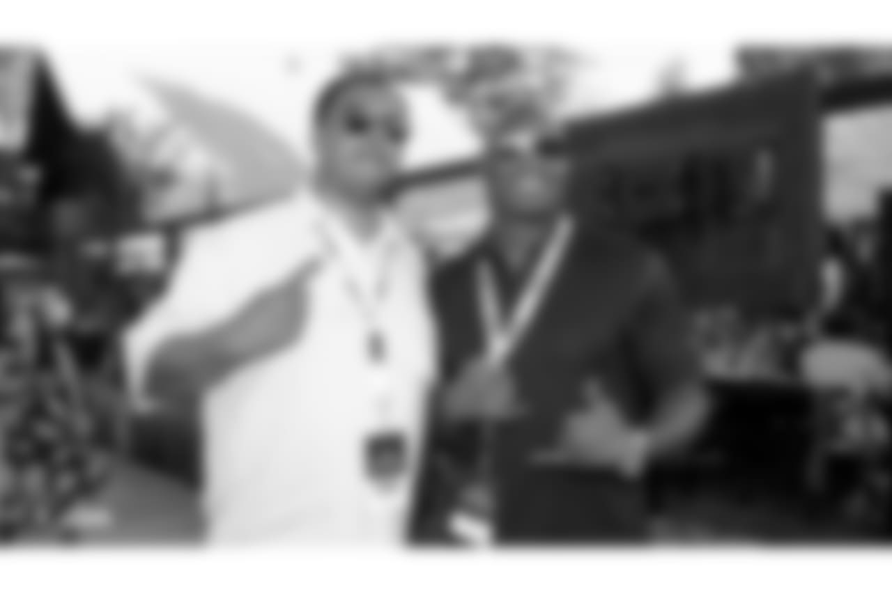 Oakland Raiders alumni Andrew Glover and Akili Calhoun at an Alumni Dinner during 2018 Training Camp at Kelham Vineyards, Saturday, July 28, 2018, in Saint Helena, California.