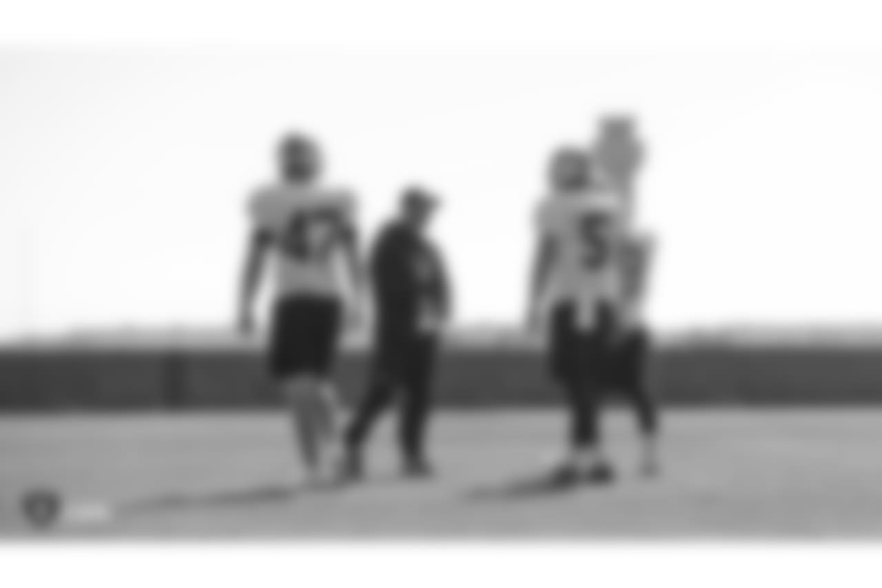 Oakland Raiders long snapper Trent Sieg (47), assistant head coach and special teams coordinator Rich Bisaccia, punter Johnny Townsend (5), and kicker Matt McCrane (3) on the field for practice at the Oakland Raiders Practice Facility, Friday, October 5, 2018, in Alameda, California.
