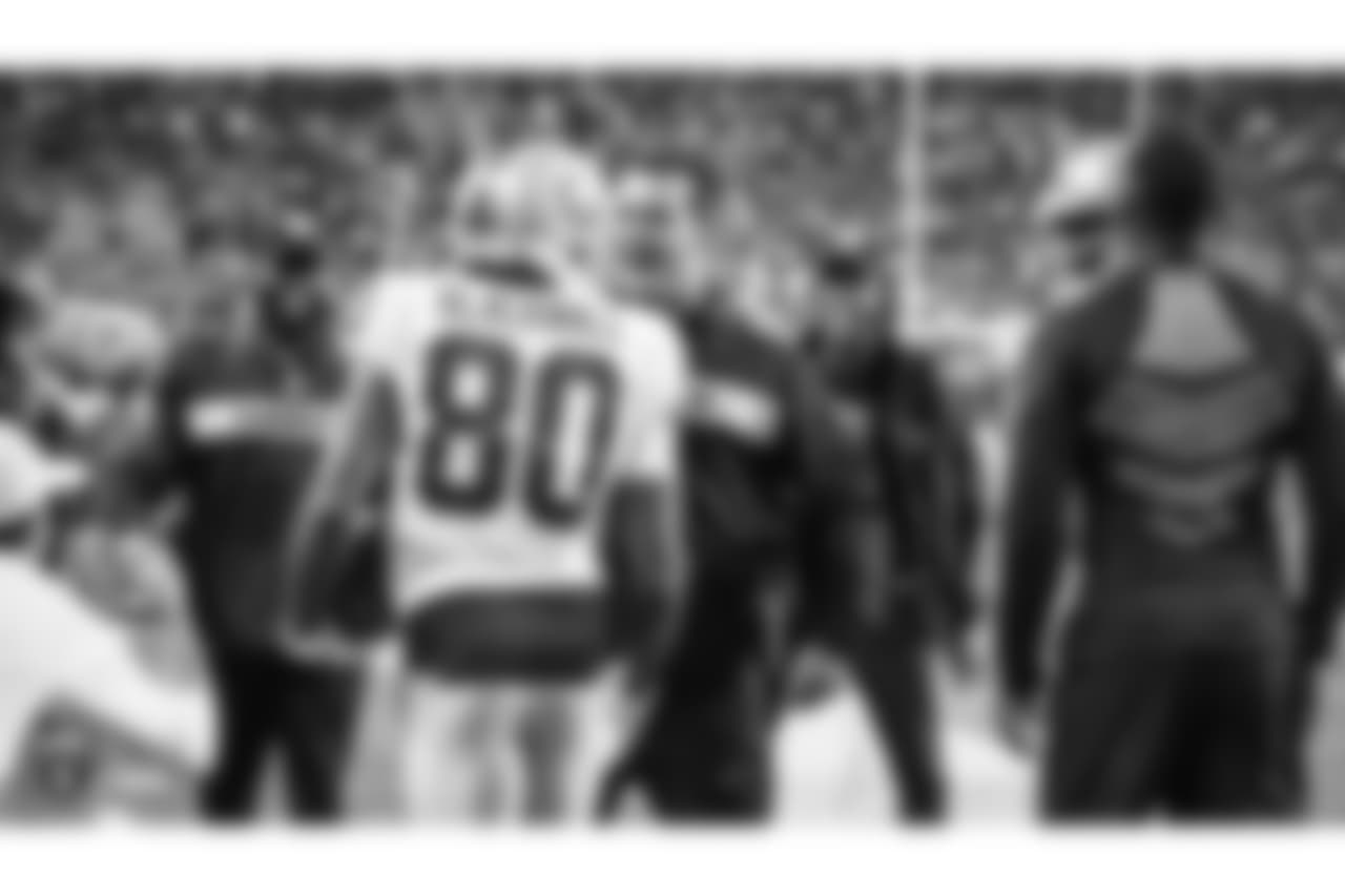 Oakland Raiders wide receiver Saeed Blacknall (80) and quarterback Derek Carr (4) during The Oakland Raiders preseason game against the Seattle Seahawks at CenturyLink Field, Thursday, August 30, 2018, in Seattle, Washington. The Oakland Raiders won 30-19.