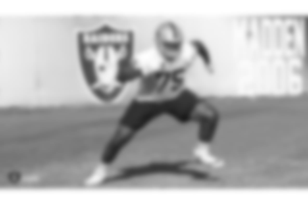 Oakland Raiders tackle Brandon Parker (75) on the field for practice at the Oakland Raiders Practice Facility, Wednesday, December 12, 2018, in Alameda, California.