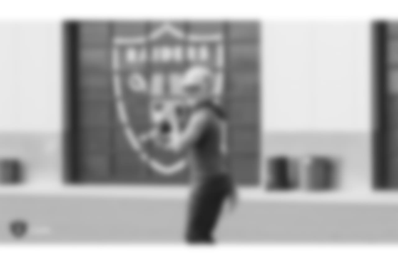 Oakland Raiders quarterback Derek Carr (4) on the field for practice at The Oakland Raiders Practice Facility, Thursday, October 4, 2018, in Alameda, California.