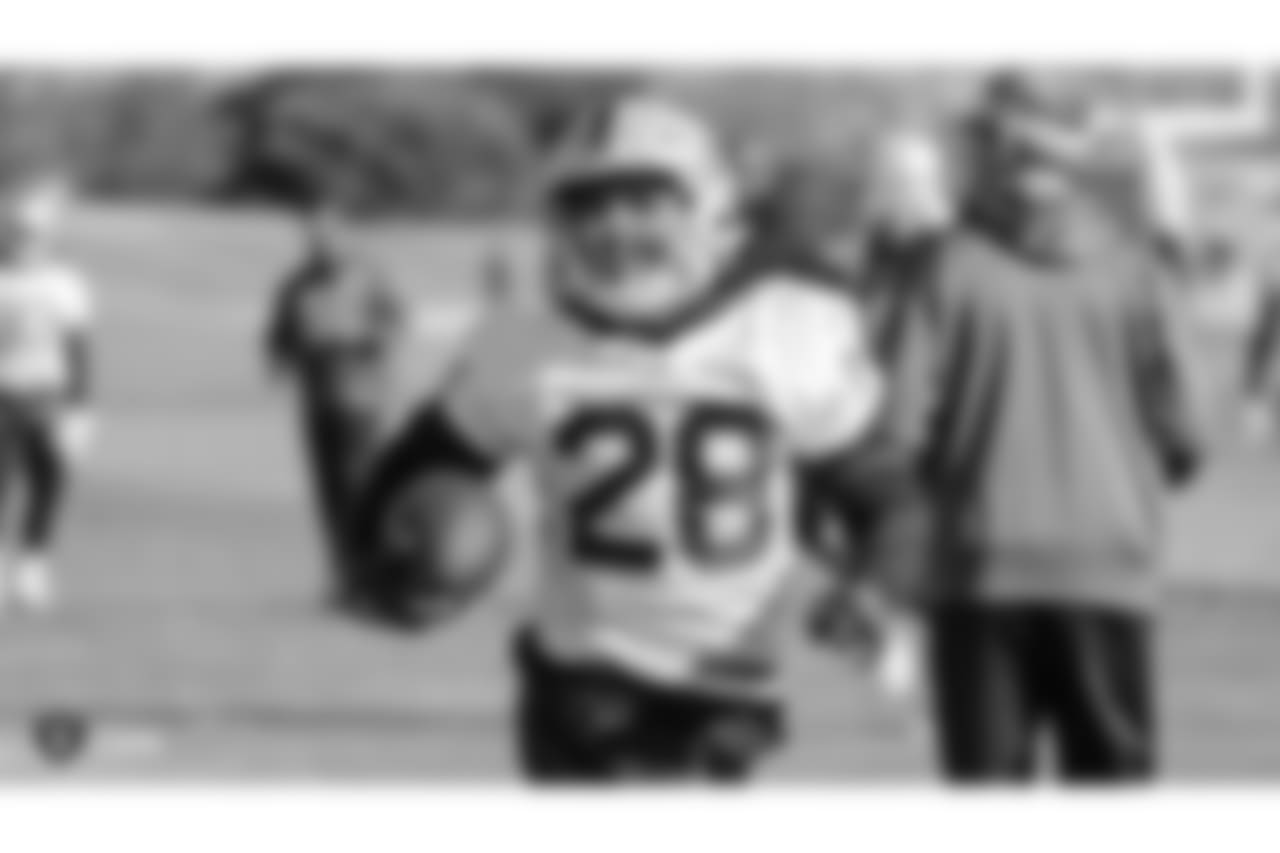 Oakland Raiders running back Doug Martin (28) on the field for practice at the Oakland Raiders Practice Facility, Friday, December 28, 2018, in Alameda, California.