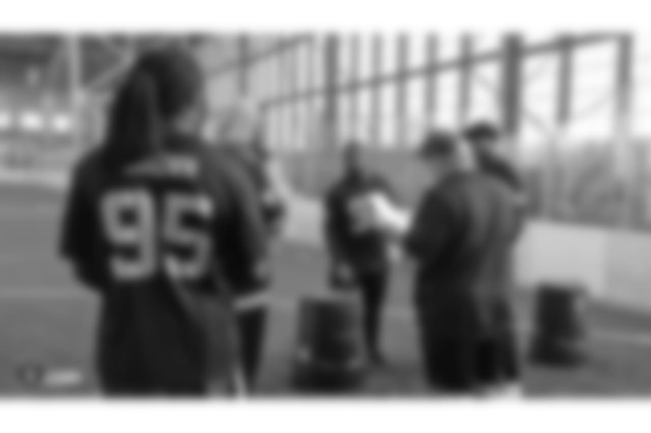 Oakland Raiders defensive line and defensive line coach Mike Trgovac on the field for a walk through at Bladium Sports & Fitness, Thursday, November 15, 2018, in Alameda, California.