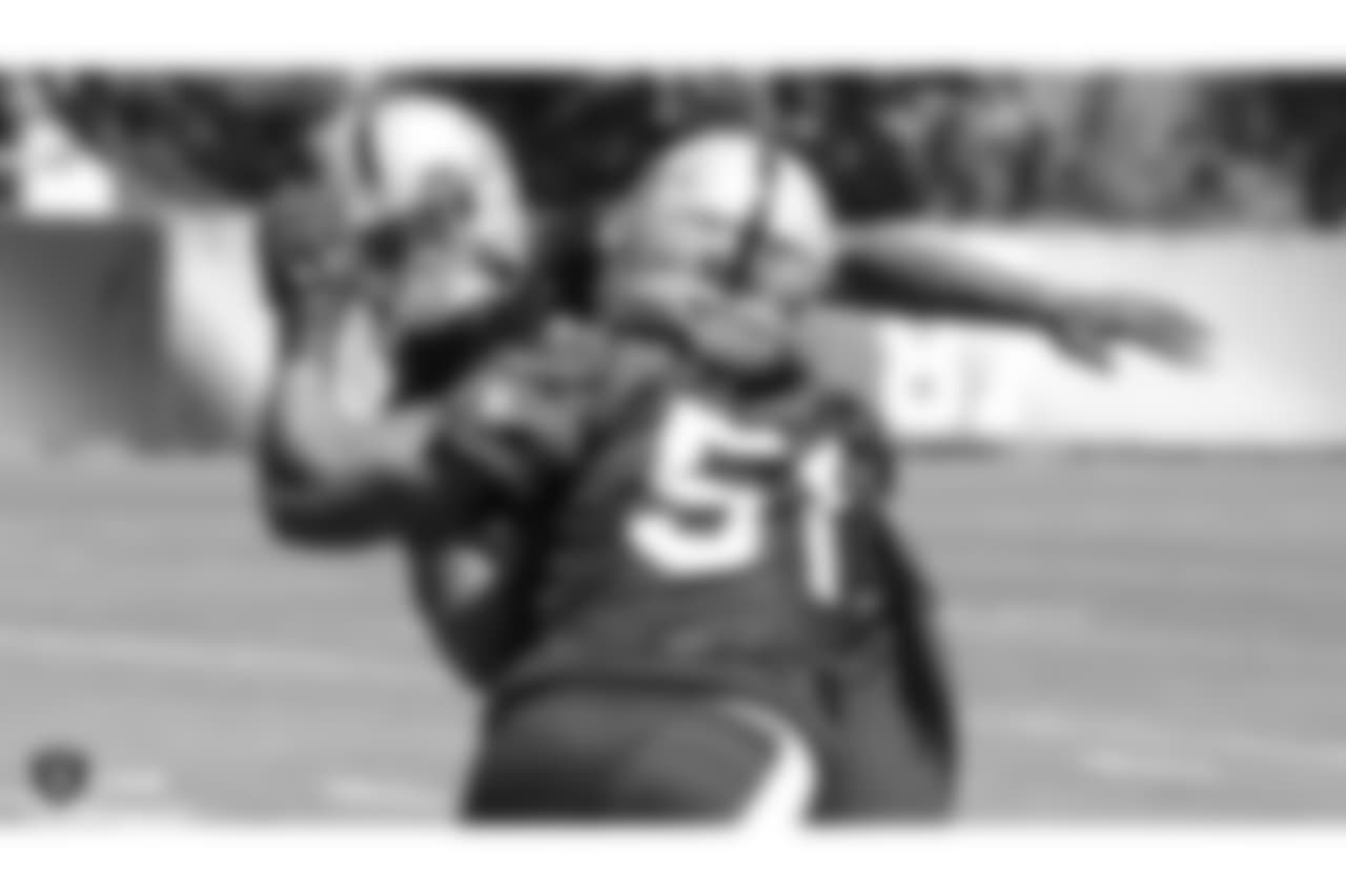 Oakland Raiders linebacker Shilique Calhoun (91) and outside linebacker Bruce Irvin (51) at an Organized Team Activity (OTA) at the Oakland Raiders Practice Facility, Monday, June 4, 2018, in Alameda, California.