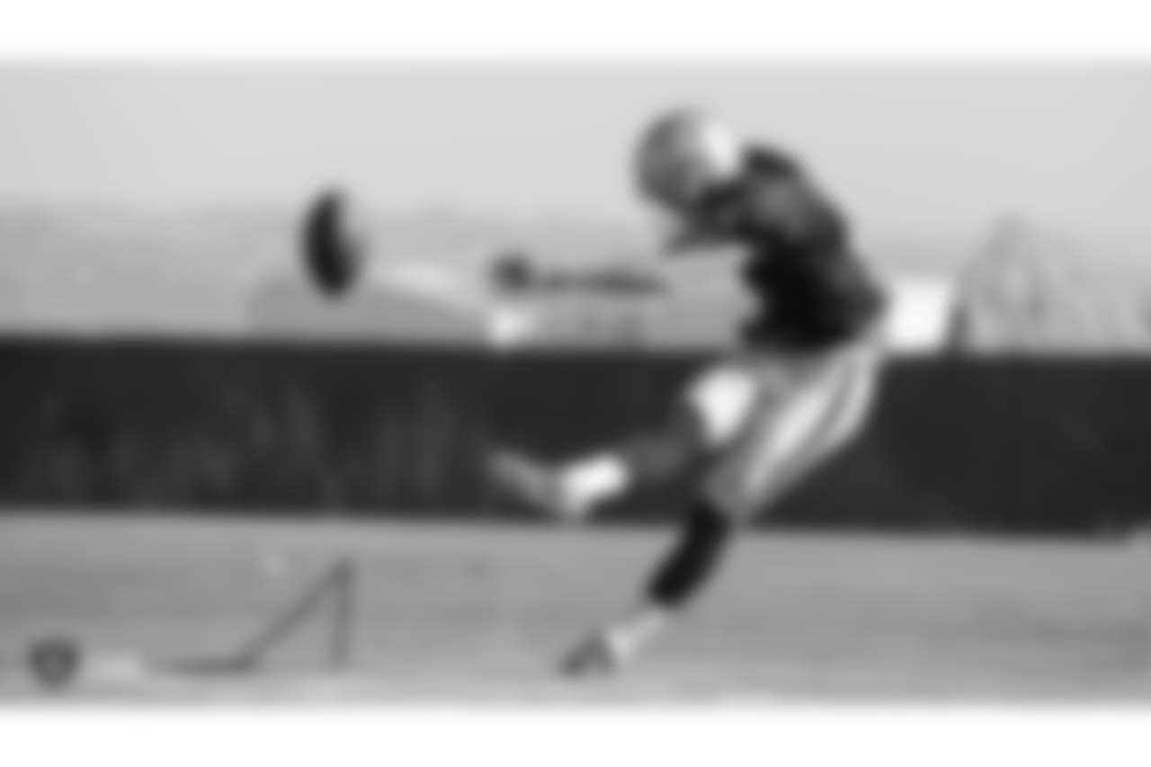Oakland Raiders kicker Daniel Carlson (8) on the field for practice at the Oakland Raiders Practice Facility, Wednesday, November 7, 2018, in Alameda, California.