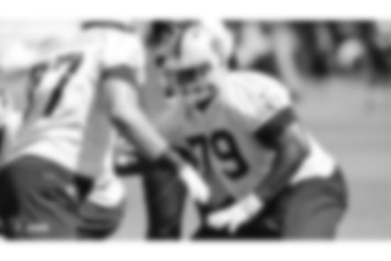 Oakland Raiders guard/tackle Denver Kirkland (79) on the field for practice at the Oakland Raiders Practice Facility, Thursday, September 13, 2018, in Alameda, California.