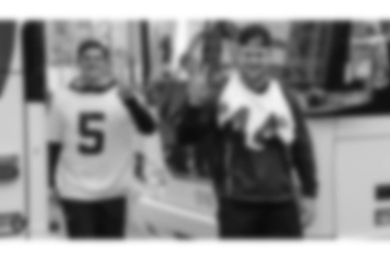 Oakland Raiders punter Johnny Townsend (5) and fullback Ryan Yurachek (44) arrive to the field for a walk through at Bladium Sports & Fitness, Thursday, November 15, 2018, in Alameda, California.
