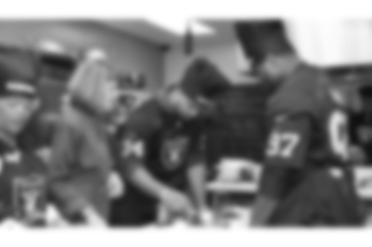 The Raiders, represented by safety Reggie Nelson, running back Chris Warren III, linebacker Jason Cabinda, linebacker Marquel Lee, linebacker Shilique Calhoun, linebacker Kyle Wilber, and defensive tackle Clinton McDonald, partner with the American Cancer Society to host 25 cancer survivors for a cooking class at Kitchen on Fire Oakland in recognition of the NFL's Crucial Catch initiative, Tuesday, October 23, 2018, in Oakland, California.