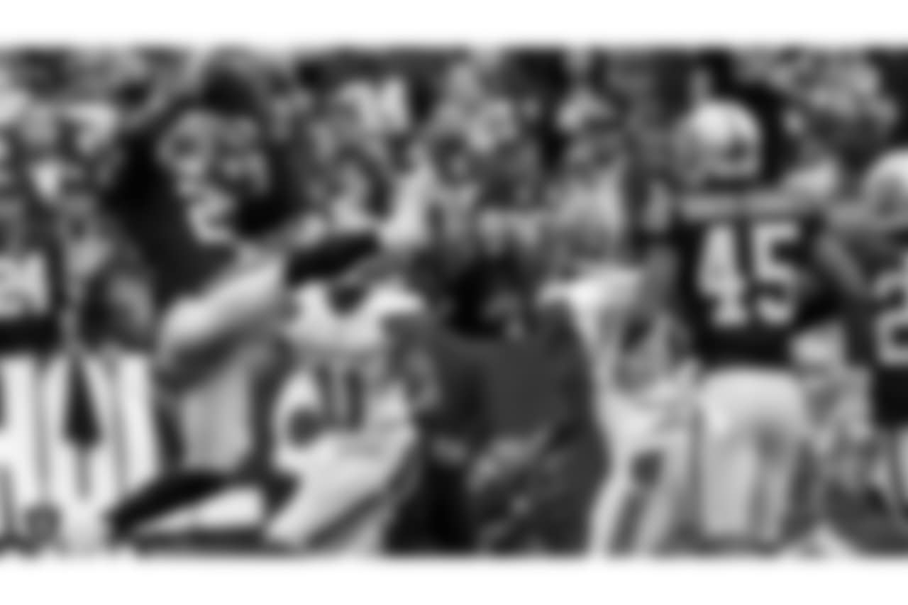 Oakland Raiders safety Reggie Nelson (27) intercepts a pass during the Oakland Raiders game against the Cleveland Browns at Oakland-Alameda County Coliseum, Sunday, September 30, 2018, in Oakland, California. Oakland won 45-42 in overtime.