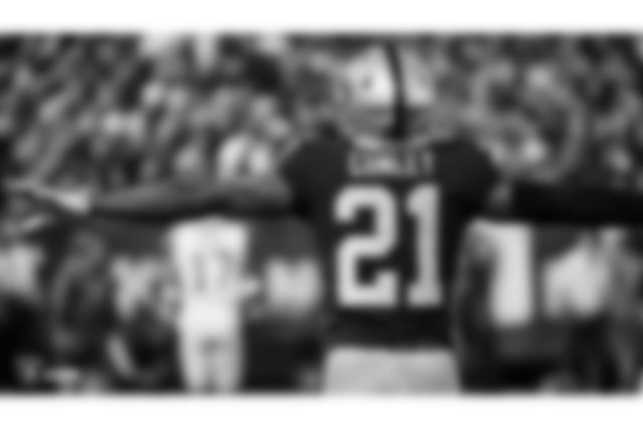 Oakland Raiders cornerback Gareon Conley (21) celebrates after a play during The Oakland Raiders regular season game against the Los Angeles Rams at Oakland-Alameda County Coliseum, Monday, September 10, 2018, in Oakland, California. The Oakland Raiders lost 33-13.